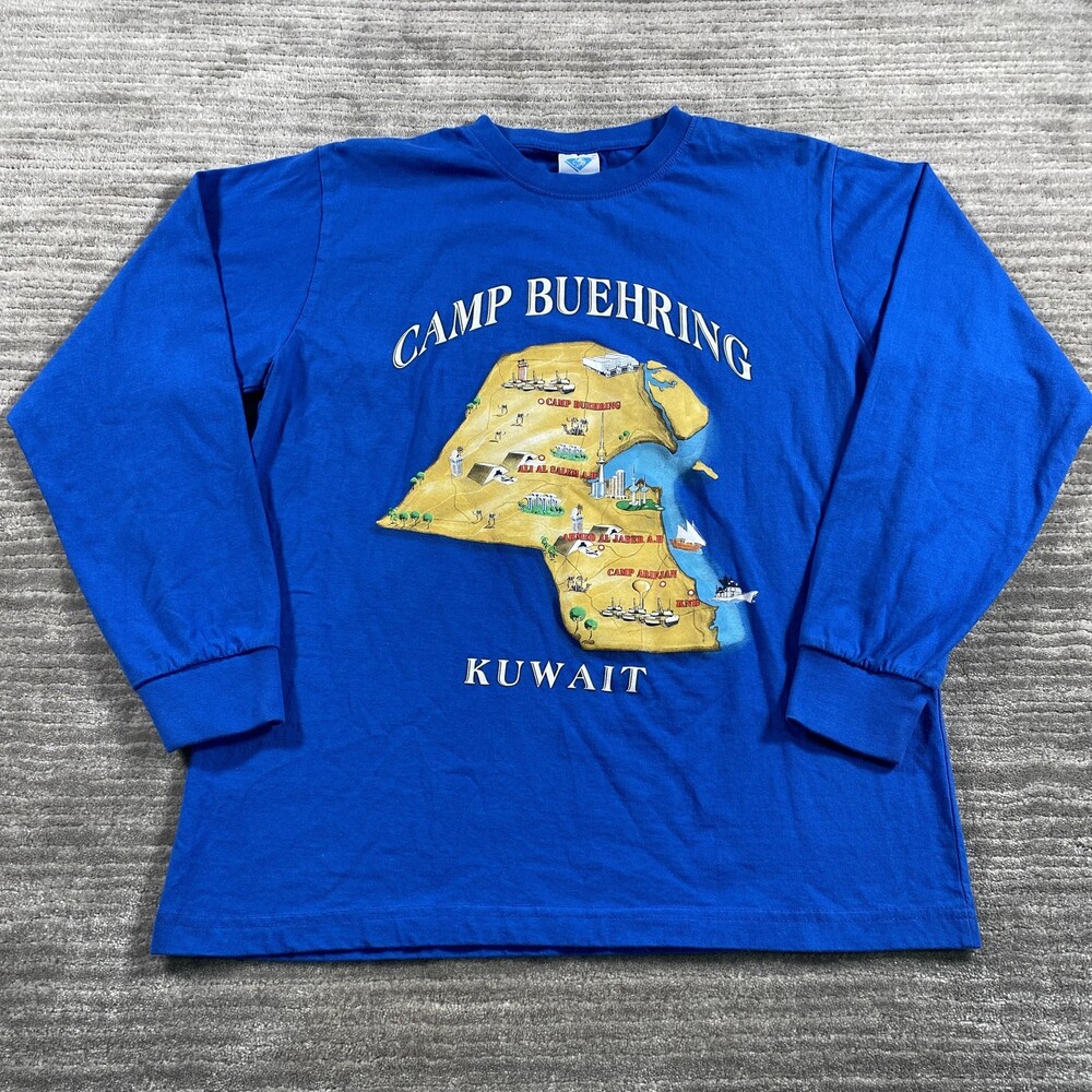 Camp Buehring Kuwait Shirt Mens Medium Blue Long Sleeve Graphic Map Military